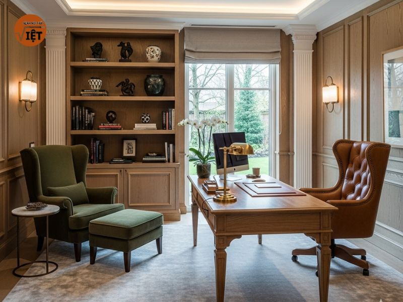 phòng làm việc luxury với nội thất cổ tân điển