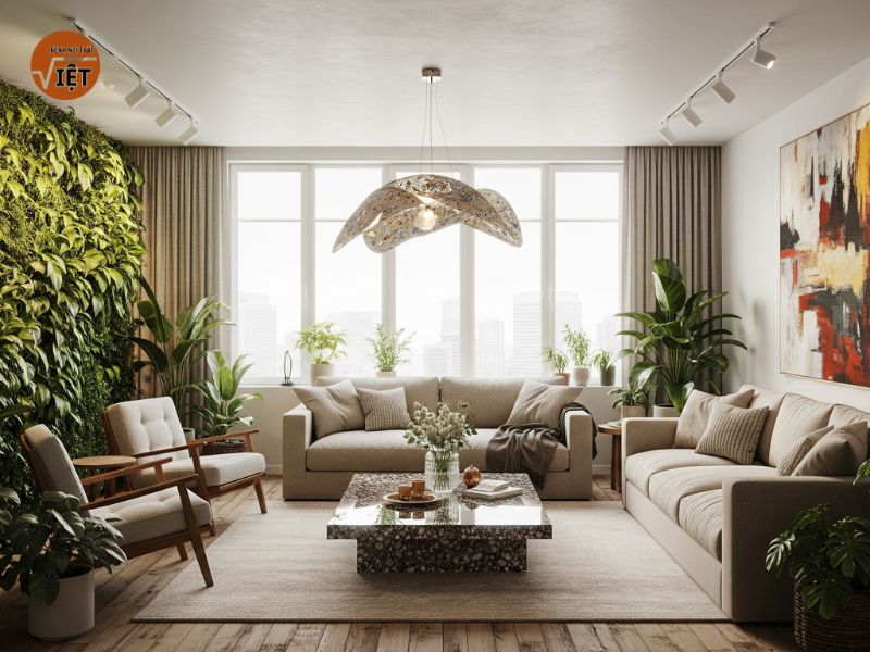 thiết kế nội thất phòng khách xanh và hiện đại