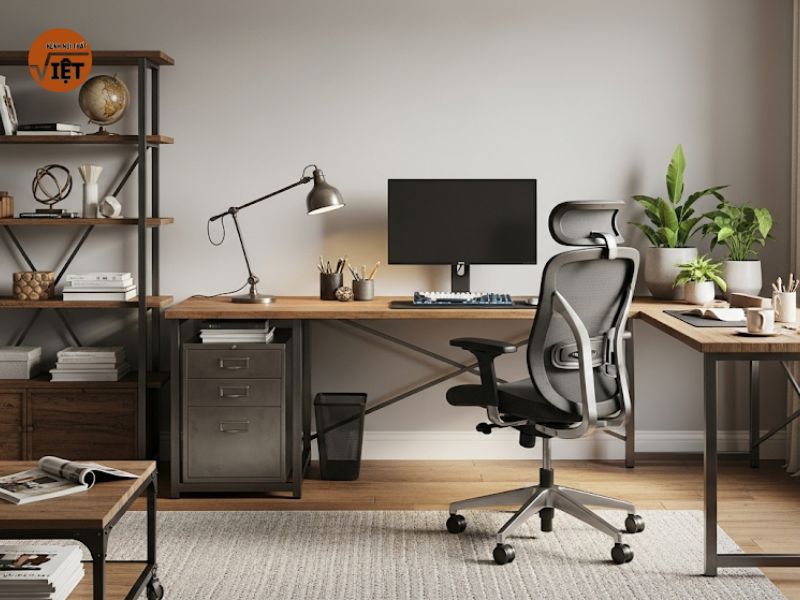 decor phòng làm việc gỗ cùng kim loại