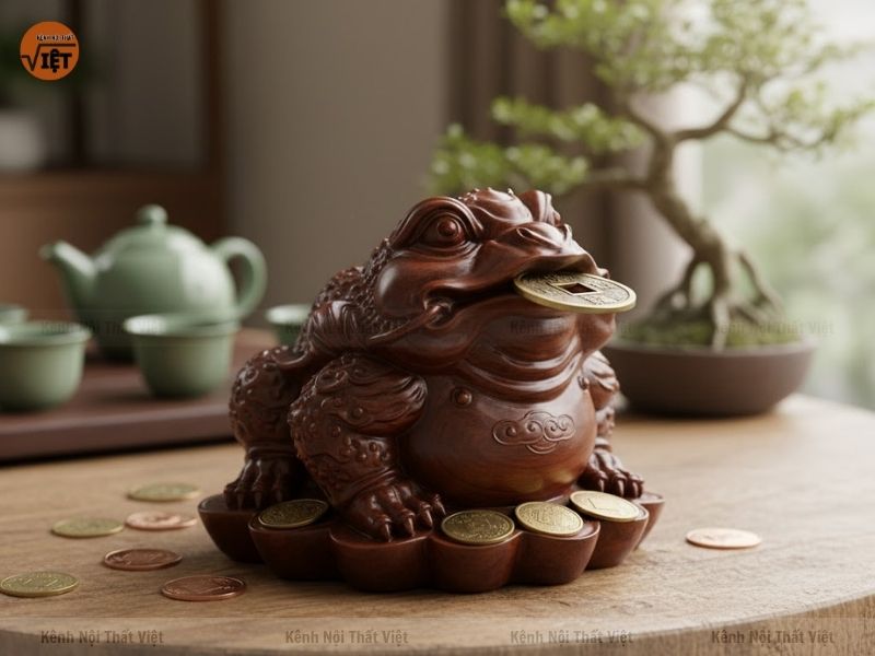 Thiềm thừ bằng gỗ ngồi trên đống vàng