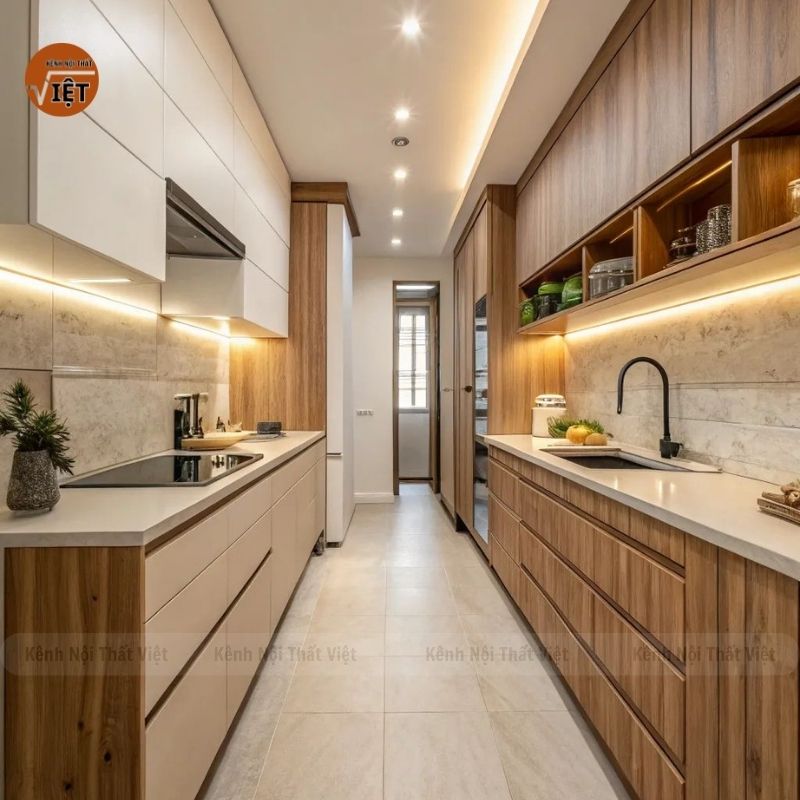 Hình ảnh tủ bếp song song màu gỗ sồi
